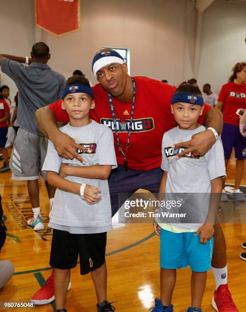 Jerome Williams poses for a photo with participants during the Young3 Basketball Clinic and Tournament on June 21, 2018 in Houston, Texas.