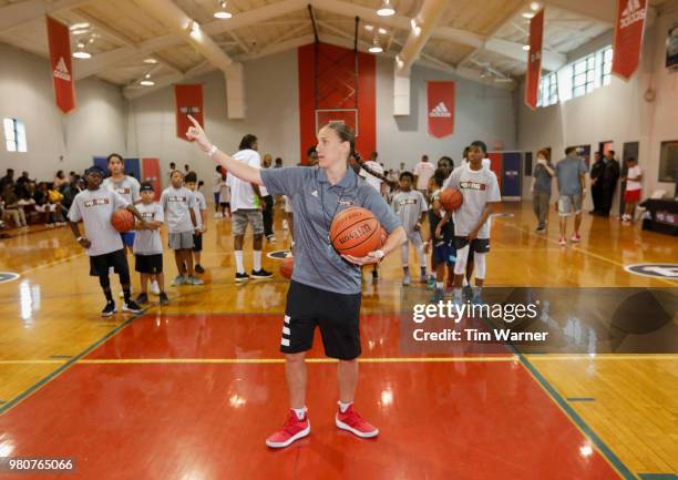 Coach Erin Thorn gives instruction during the Young3 Basketball Clinic and Tournament on June 21, 2018 in Houston, Texas.