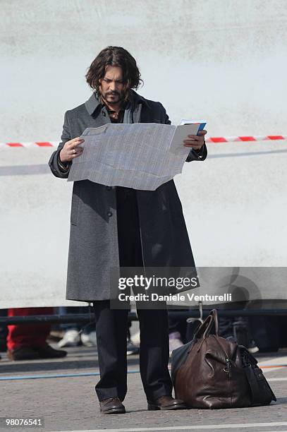 Actor Johnny Depp is seen at the Piazzale della Stazione, filming on location for "The Tourist" on March 17, 2010 in Venice, Italy.