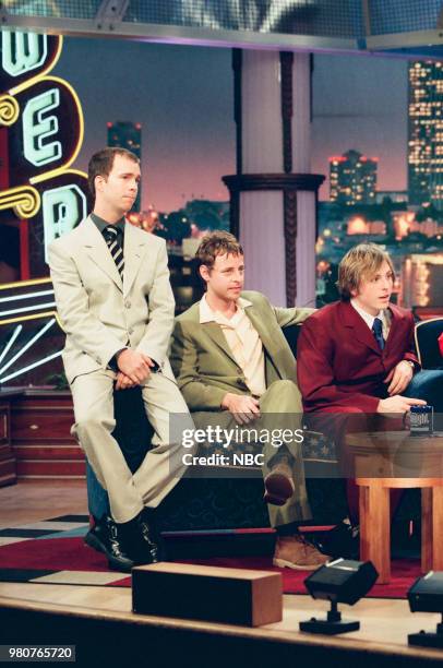 Episode 1621 -- Pictured: Musical guests Ben Folds Darren Jessee, Robert Sledge of "Ben Folds Five" during an interview with host Jay Leno on June...