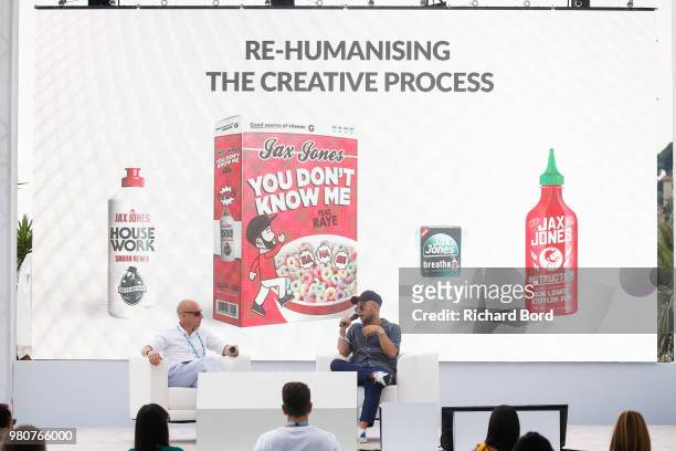 Olivier Robert-Murphy and Jax Jones speak during the Universal Music Group session at the Cannes Lions Festival 2018 on June 21, 2018 in Cannes,...