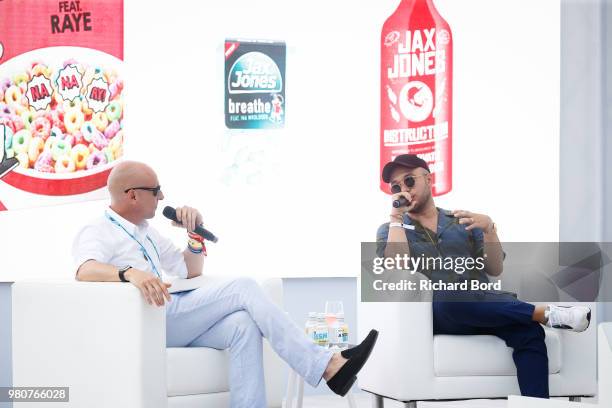Olivier Robert-Murphy and Jax Jones speak during the Universal Music Group session at the Cannes Lions Festival 2018 on June 21, 2018 in Cannes,...