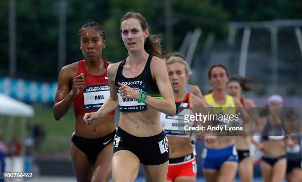 Molly Huddle runs to victory in the Women's 10,000 Meter at the 2018 USATF Outdoor Championships at Drake Stadium on June 21, 2018 in Des Moines,...