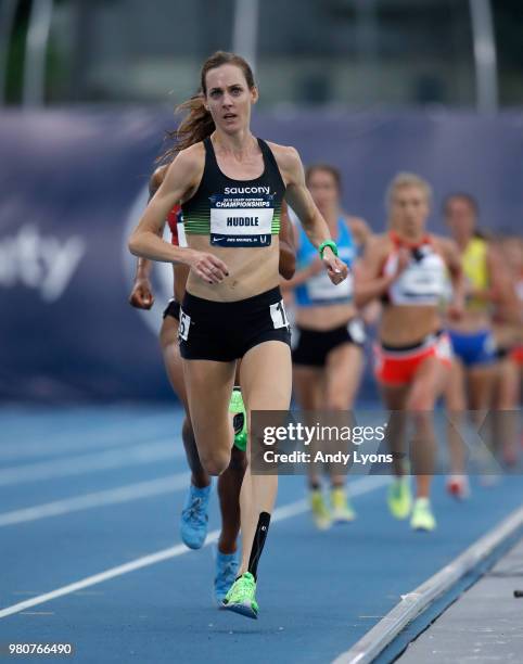 Molly Huddle runs to victory in the Women's 10,000 Meter at the 2018 USATF Outdoor Championships at Drake Stadium on June 21, 2018 in Des Moines,...