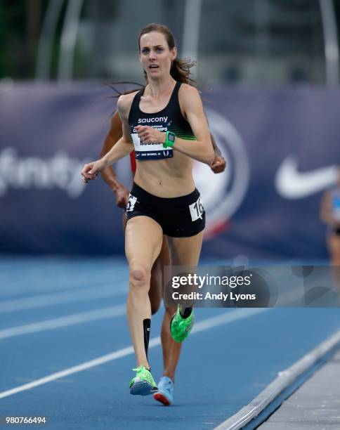 Molly Huddle runs to victory in the Women's 10,000 Meter at the 2018 USATF Outdoor Championships at Drake Stadium on June 21, 2018 in Des Moines,...