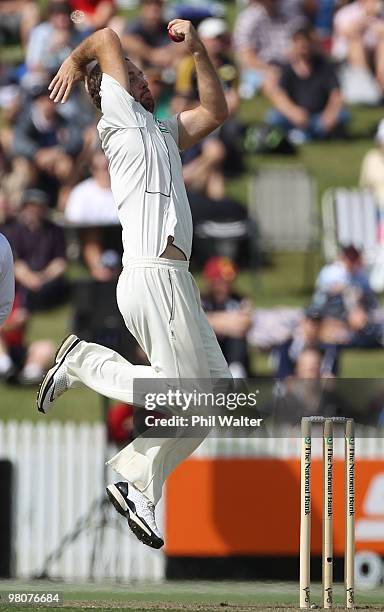 Daniel Vettori of New Zealand bowls during one of the Second Test match between New Zealand and Australia at Seddon Park on March 27, 2010 in...