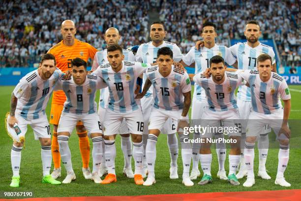 The Argentinian national football team poses for a photo during the FIFA World Cup Group D match between Argentina and Croatia at Nizhny Novogorod...