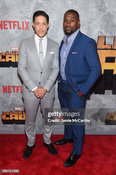 Theo Rossi and Thomas Q. Jones attend the "Luke Cage" Season 2 premiere at The Edison Ballroom on June 21, 2018 in New York City.