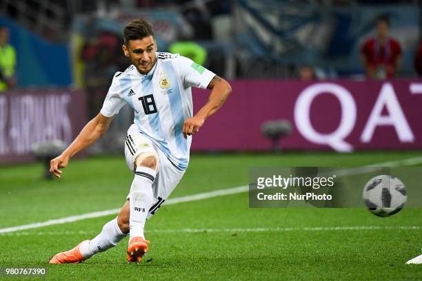 Eduardo Salvio of Argentina kicks the ball during the FIFA World Cup Group D match between Argentina and Croatia at Nizhny Novogorod Stadium in...