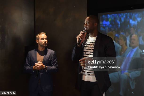 Hublot North America President Jean-Francois Sberro and Dwyane Wade speak at the Hublot and Dwyane Wade viewing party for the 2018 NBA Draft at...
