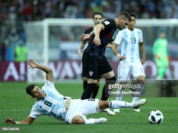 Group D Argentina v Croazia - FIFA World Cup Russia 2018 Marcos Acuna tackles on Ante Rebic at Nizhny Novgorod Stadium, Russia on June 21, 2018.