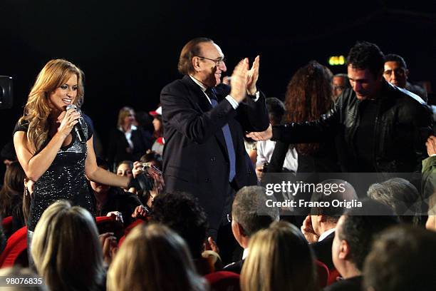 Singer Lola Ponce, Pippo Baudo and actor Raoul Bova attend the 'Concerto Per La Legalita' organised by the State Police at the Gran Teatro on March...