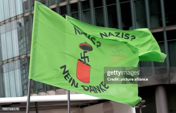 March 2018, Germany, Berlin: A flag reads "Nazis? Nein Danke" at a demonstration against racism at Potsdamer Platz. After the initial demonstration,...