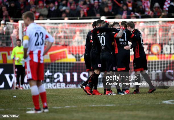 March 2018, Germany, Berlin: Football 2nd Bundesliga, 1. FC Union Berlin vs Jahn Regensburg at the Stadion in An der Alten Foersterei. The Regensburg...