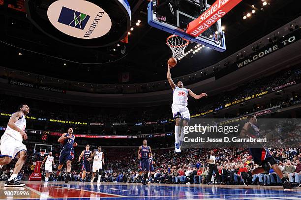 Rodney Carney of the Philadelphia 76ers shoots against the Atlanta Hawks during the game on March 26, 2010 at the Wachovia Center in Philadelphia,...