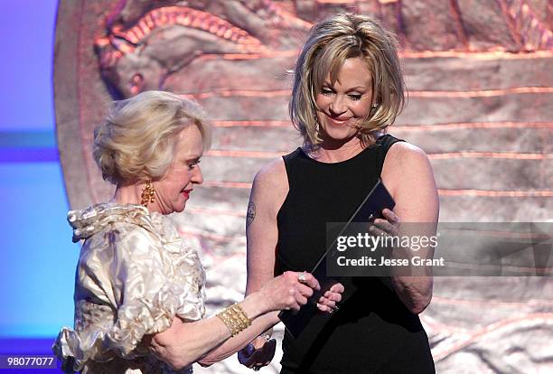 Actresses Tippi Hedren and Melanie Griffith on stage at the 24th Genesis Awards at The Beverly Hilton Hotel on March 20, 2010 in Beverly Hills,...