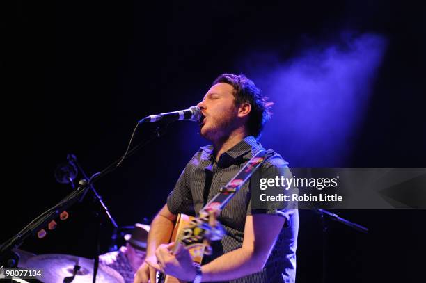 Olly Knights of Turin Brakes performs at Shepherds Bush Empire on March 26, 2010 in London, England.