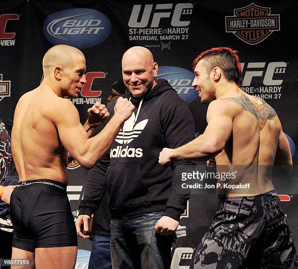 Fighter Georges St-Pierre faces off against UFC fighter Dan Hardy for their Championship Welterweight fight at UFC 111: St-Pierre vs. Hardy Weigh-In...