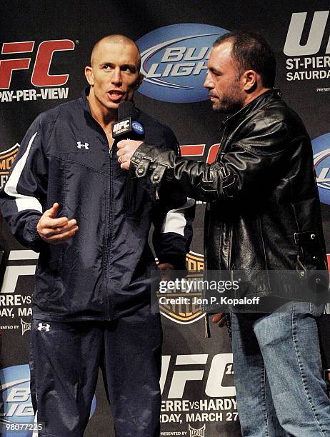 Fighter Georges St-Pierre chats with Joe Rogan after weigh-ins to discuss his fight against Dan Hardy for the Championship Welterweight title at UFC...