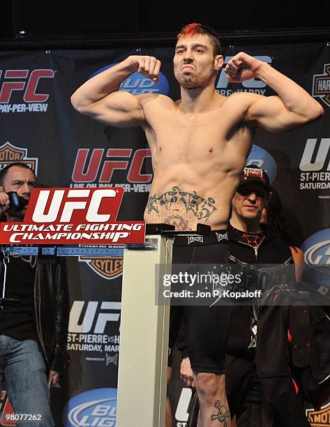 Fighter Dan Hardy weighs in for his fight against UFC fighter Georges St-Pierre for their Championship Welterweight fight at UFC 111: St-Pierre vs....