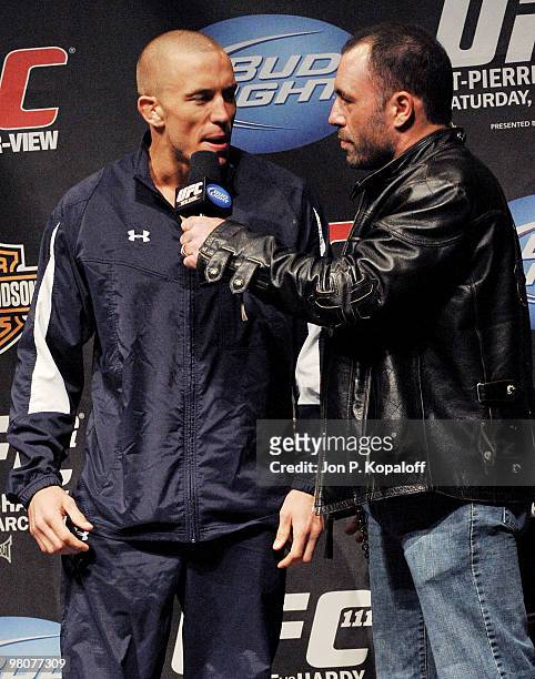 Fighter Georges St-Pierre chats with Joe Rogan after weigh-ins to discuss his fight against Dan Hardy for the Championship Welterweight title at UFC...