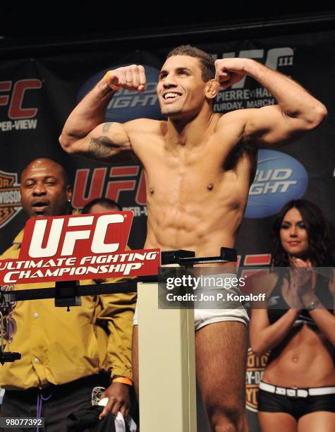 Fighter Fabricio Camoes weighs in for his fight against UFC fighter Kurt Pellegrino for their Lightweight fight at UFC 111: St-Pierre vs. Hardy...