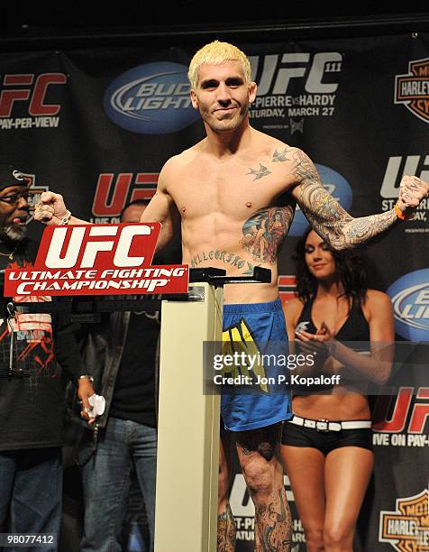 Fighter Kurt Pellegrino weighs in for his fight against UFC fighter Fabricio Camoes for their Lightweight fight at UFC 111: St-Pierre vs. Hardy...