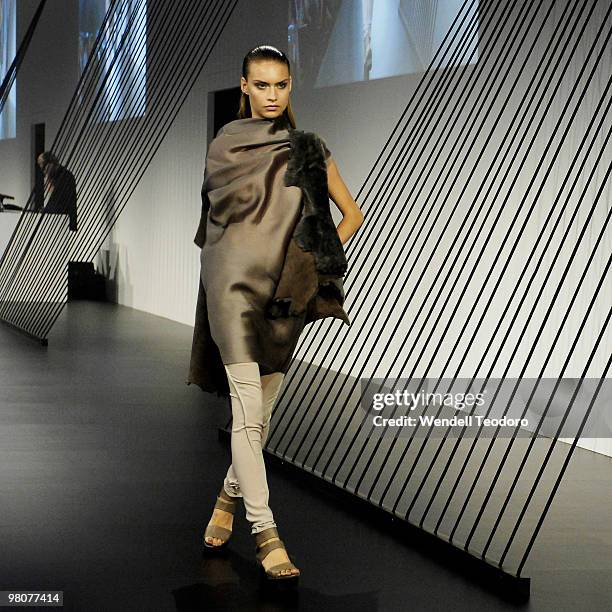 Model showcases designs on the catwalk by Alistair Trung as part of the LMFF Fashion Collections Independent Runway on the final day of the 2010...