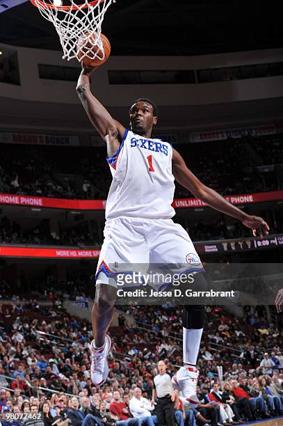 Samuel Dalembert of the Philadelphia 76ers dunks against the Atlanta Hawks during the game on March 26, 2010 at the Wachovia Center in Philadelphia,...