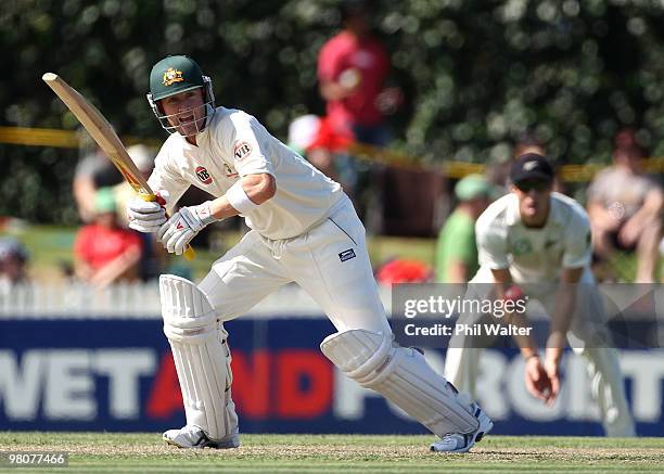 Michael Clarke of Australia bats during day one of the Second Test match between New Zealand and Australia at Seddon Park on March 27, 2010 in...