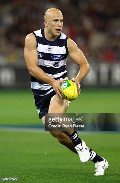 Gary Ablett of the Cats in action during the round one AFL match between the Geelong Cats and the Essendon Bombers at Melbourne Cricket Ground on...