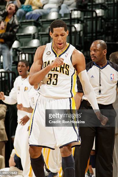 Danny Granger of the Indiana Pacers reacts after hitting a three against the Utah Jazz at Conseco Fieldhouse on March 26, 2010 in Indianapolis,...