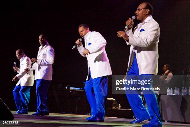 Lawrence Roquel Payton Jr, Theo Peoples, Ronnie McNeir and Abdul Duke Fakir of The Four Tops perform at the O2 Arena on March 26, 2010 in London,...