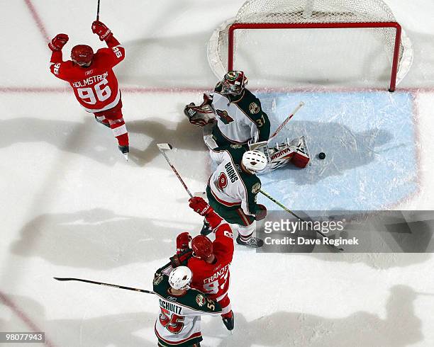 Johan Franzen of the Detroit Red Wings celebrates teammate Tomas Holmstrom of the Detroit Red Wings goal on Josh Harding of the Minnesota Wild as...