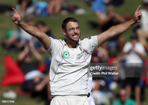 Daniel Vettori of New Zealand celebrates his wicket of Simon Katich of Australia during one of the Second Test match between New Zealand and...
