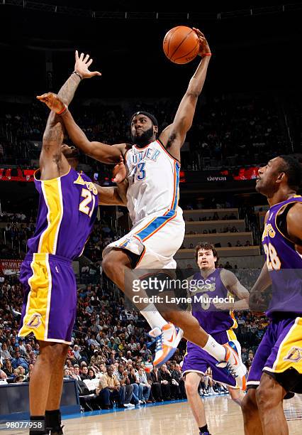 James Harden of the Oklahoma City Thunder goes up for a shot against Josh Powell of the Los Angeles Lakers on March 26, 2010 at the Ford Center in...