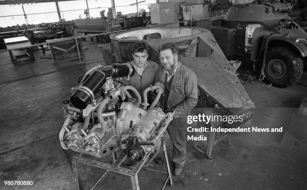 Irish Army Cavalry Corps workshop, Fitter Mick Turner and Trooper John Donnolly Apperntice Mechanic refurbishing and repairing a 1964 Panhard...