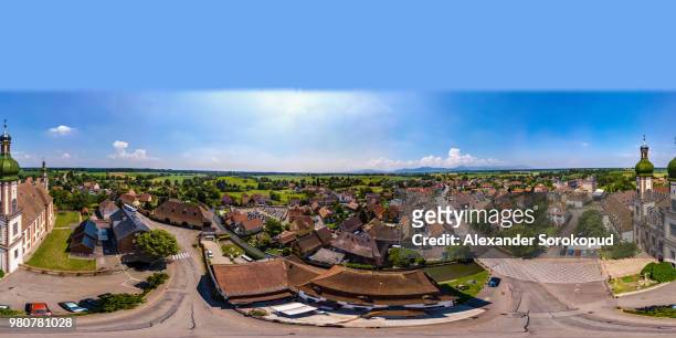 360-degree panoramic aerial view from drone to ebersmunster village, alsace, france - full circle tour stock pictures, royalty-free photos & images