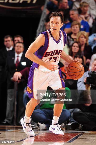 Steve Nash of the Phoenix Suns moves the ball up court during the game against the Utah Jazz at U.S. Airways Center on March 5, 2010 in Phoenix,...