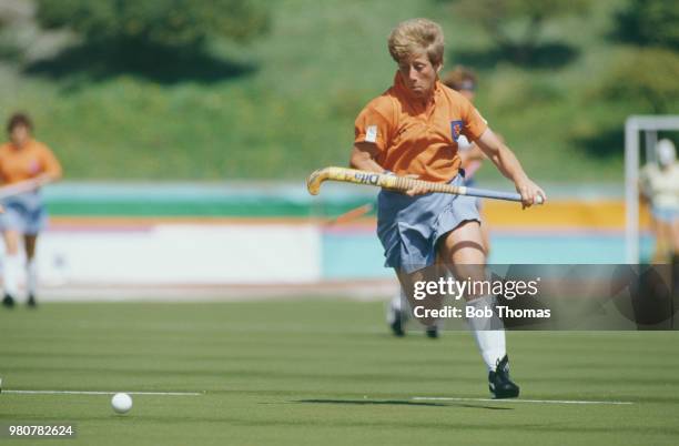 Dutch field hockey player Sophie von Weiler of the Netherlands team sprints after the ball during a round robin match in the Women's Field Hockey...