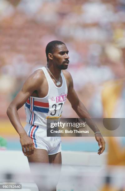 English athlete John Herbert competes for Great Britain to finish in 10th place in the Men's triple jump event inside the Memorial Coliseum at the...