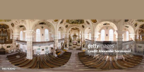 360-degree panoramic aerial view from drone to ebersmunster church interion. alsace, france - full circle tour stock pictures, royalty-free photos & images