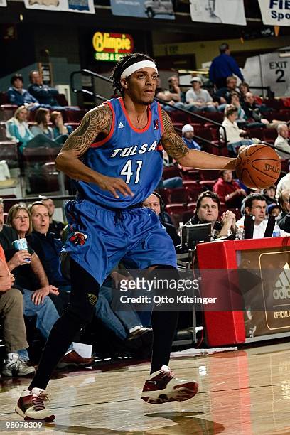 Deron Washington of the Tulsa 66ers looks to make a move during the game against the Idaho Stampede at Qwest Arena on March 19, 2010 in Boise, Idaho....