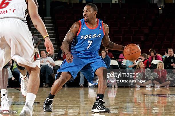 Wink Adams of the Tulsa 66ers drives the ball up court during the game against the Idaho Stampede at Qwest Arena on March 19, 2010 in Boise, Idaho....