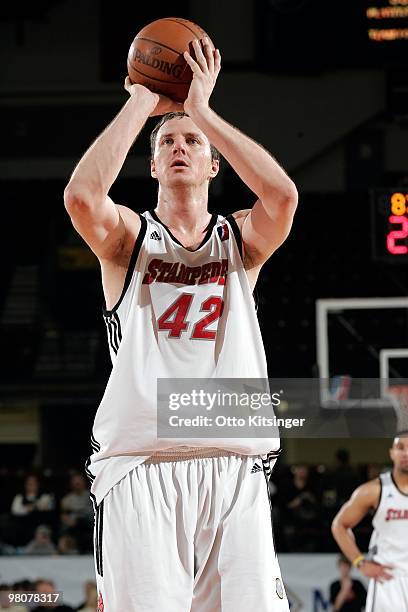 Joe Dabbert of the Idaho Stampede shoots a free throw during the game against the Tulsa 66ers at Qwest Arena on March 19, 2010 in Boise, Idaho. The...