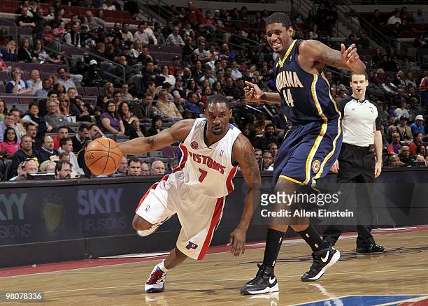 Ben Gordon of the Detroit Pistons drives to the basket against Solomon Jones of the Indiana Pacers during the game at the Palace of Auburn Hills on...