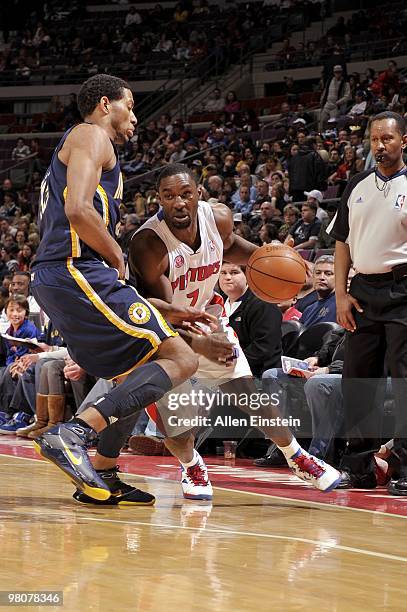 Ben Gordon of the Detroit Pistons drives the ball up court against Danny Granger of the Indiana Pacers during the game at the Palace of Auburn Hills...