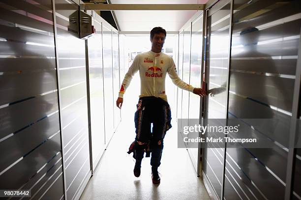 Mark Webber of Australia and Red Bull Racing prepares to drive during the final practice session prior to qualifying for the Australian Formula One...