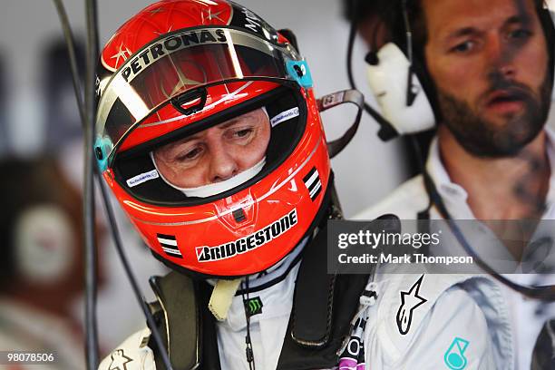 Michael Schumacher of Germany and Mercedes GP prepares to drive during the final practice session prior to qualifying for the Australian Formula One...