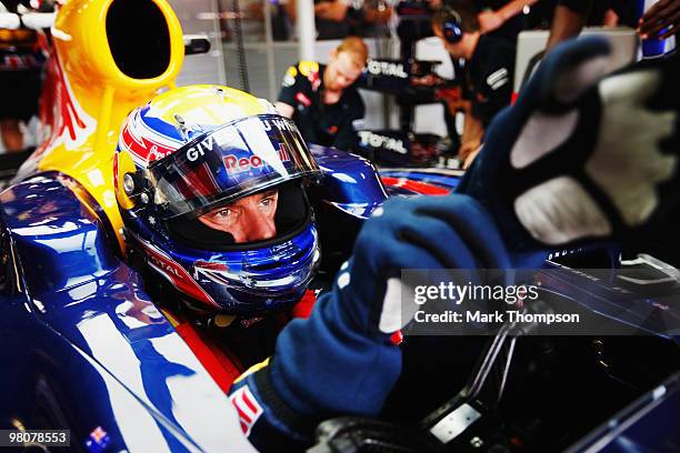 Mark Webber of Australia and Red Bull Racing prepares to drive during the final practice session prior to qualifying for the Australian Formula One...